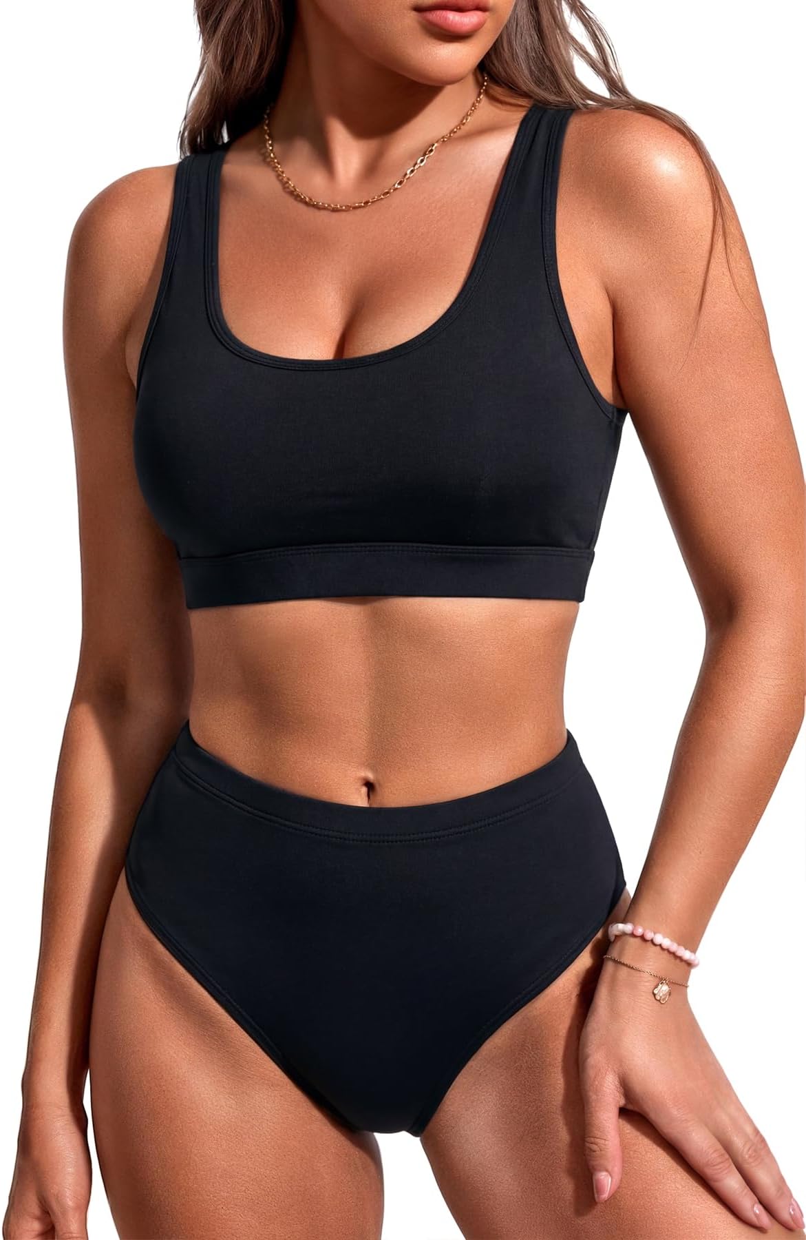 - Women Sporty Bikini Set Two Piece High Waisted Swimsuit Athletic Scoop Neck Bathing Suit