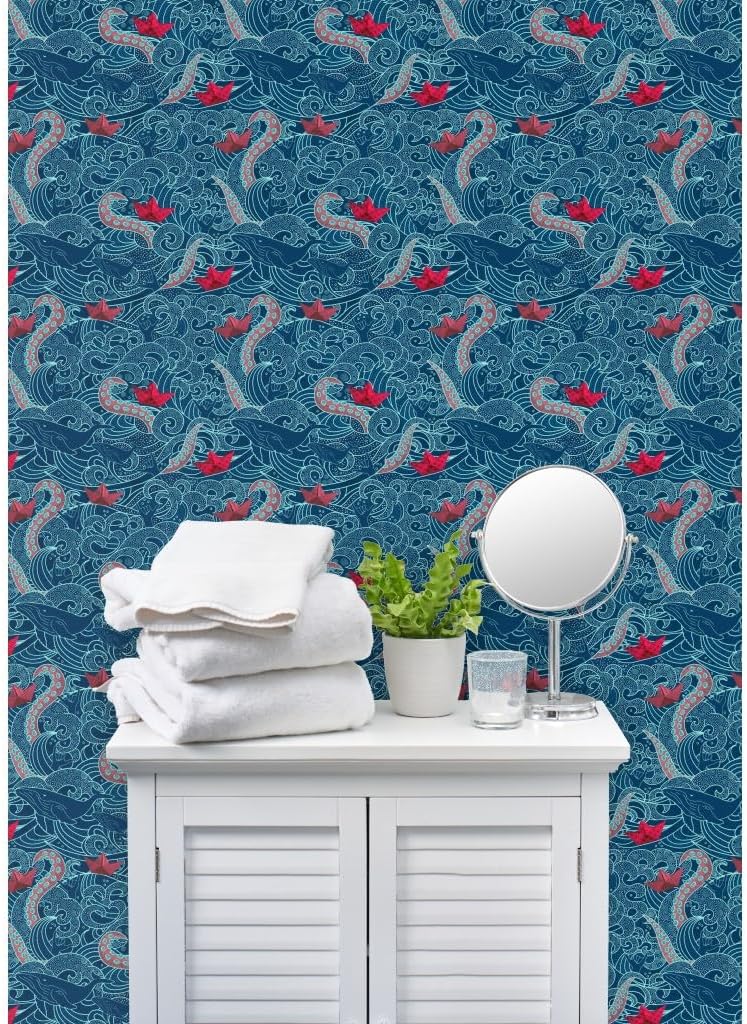 Spoonflower Commercial Grade Wallpaper Swatch - Octopus Ocean Small Print Japanese Hawaii Wave Nautical Traditional Wallpaper