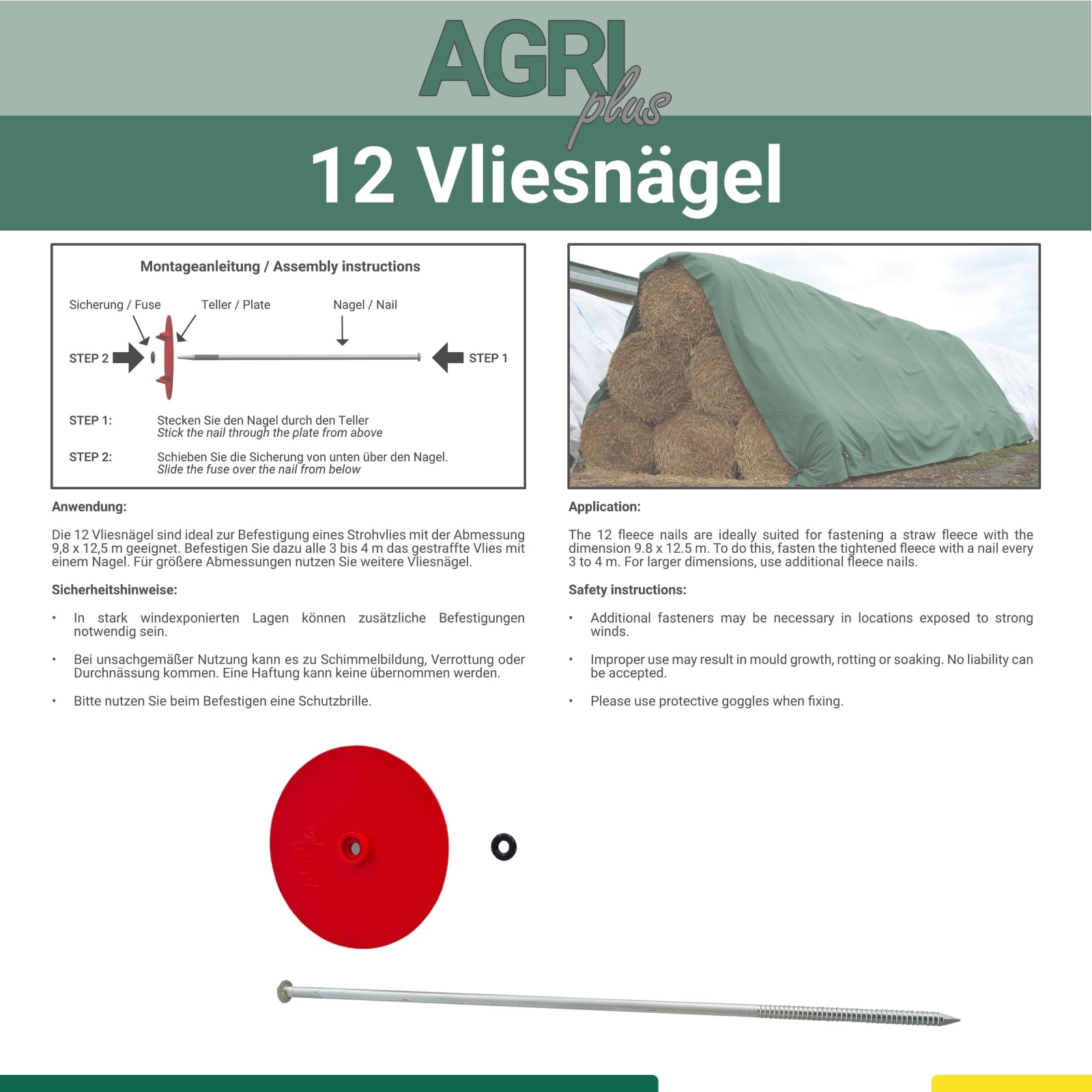 AGRI plus Vliesnägel 33cm I 12 Stück I Hochwertige Metall-Nägel aus verzinktem Stahl I Ideal zur Befestigung von Strohvlies & Heuvlies I wiederverwendbar, UV- & witterungsbeständig