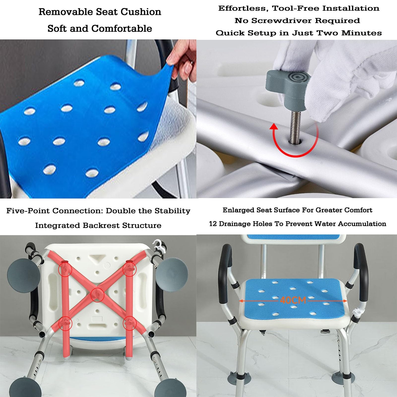 Krzesło prysznicowe z podłokietnikami i oparciem, ergonomiczne, lekkie, aluminiowe siedzisko do łazienki, sypialni, salonu