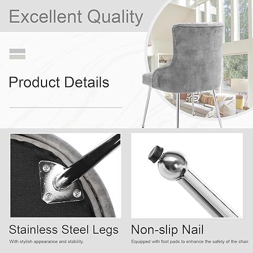 Miniatura 5 de Silla de tocador de terciopelo con respaldo, moderna silla pequeña sin brazos con patas de metal, silla auxiliar tapizada para sala de estar, Gris