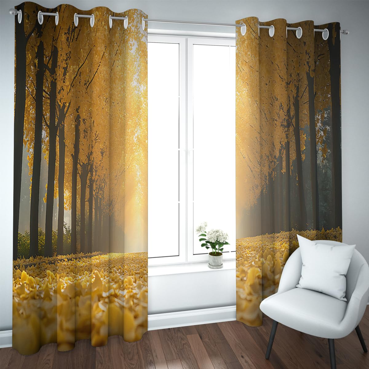 Rideaux occultants thermiques Golden Woods pour isoler le salon du froid et de la lumière