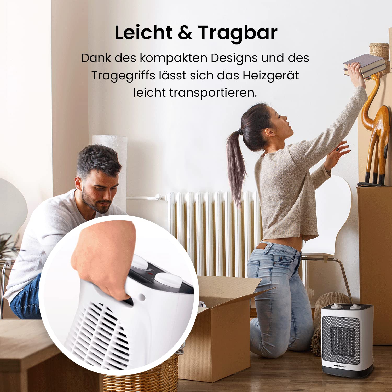 Pro Breeze 2000W Mini Keramik Heizlüfter mit automatischer Oszillation, Zwei Leistungsstufen, leise Elektroheizung Weiß