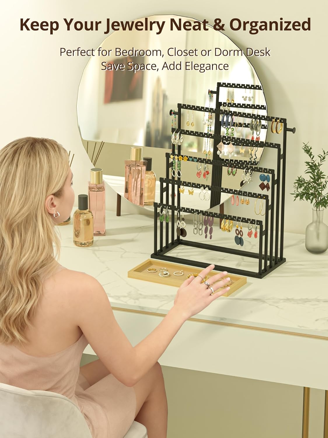 Earring Holder Organizer, 5-Tier Step Jewelry Display Stand with Metal Frame and Wooden Storage Organizer, Large Earring Holder for Studs, Hoops, Dangles, Modern Jewelry Organizer for Women