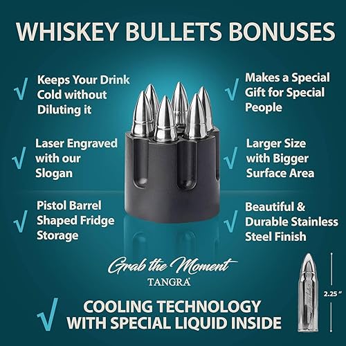 Miniatura 7 de Piedras de whisky grandes 6 enfriadores de acero inoxidable grabados con láser plateado con base de barril de revólver, rocas enfriadoras