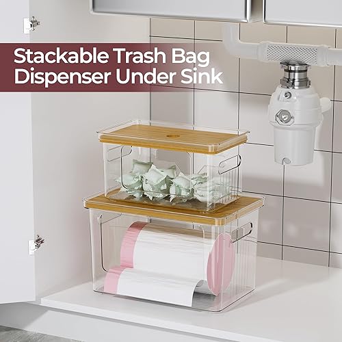 Miniatura 7 de Delamu Acrylic Trash Bag Holder, 2 Pack (XL+S) Stackable Garbage Bag Dispenser, Clear Organizer Bins for Under Sink Organization, Pantry Storage