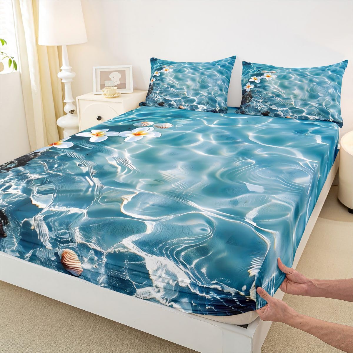 Homemissing Sábana bajera ajustable tamaño King para niños y niñas, con bolsillo profundo de 40.6 cm, sábana bajera hawaiana de playa con 2 fundas de almohada, decoración de habitación