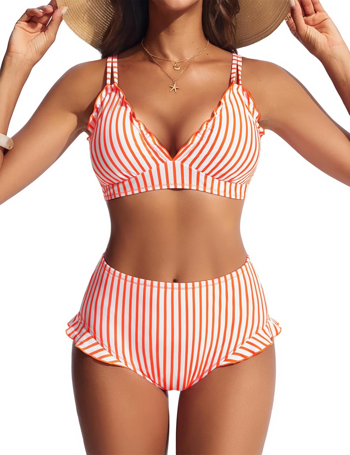 Hanna Nikole Women High Waisted Bikini Sets Ruffle, 2 Piece Bathing Suit Tummy Control, Sexy Retro Swimsuits Beachwear
