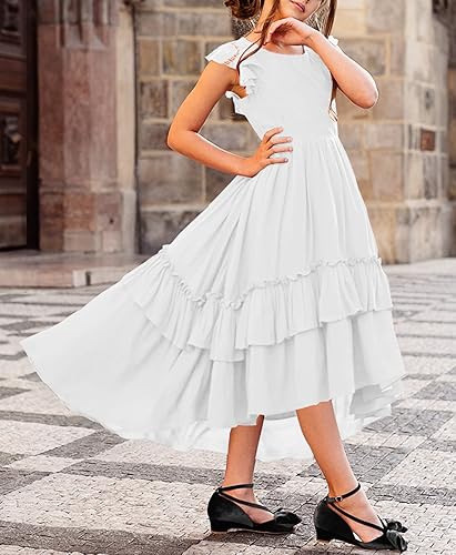 Miniatura 4 de HOSIKA Vestido de encaje bohemio para niña, con mangas con volantes, acampanado, formal, para boda, fiesta, 6-12 años