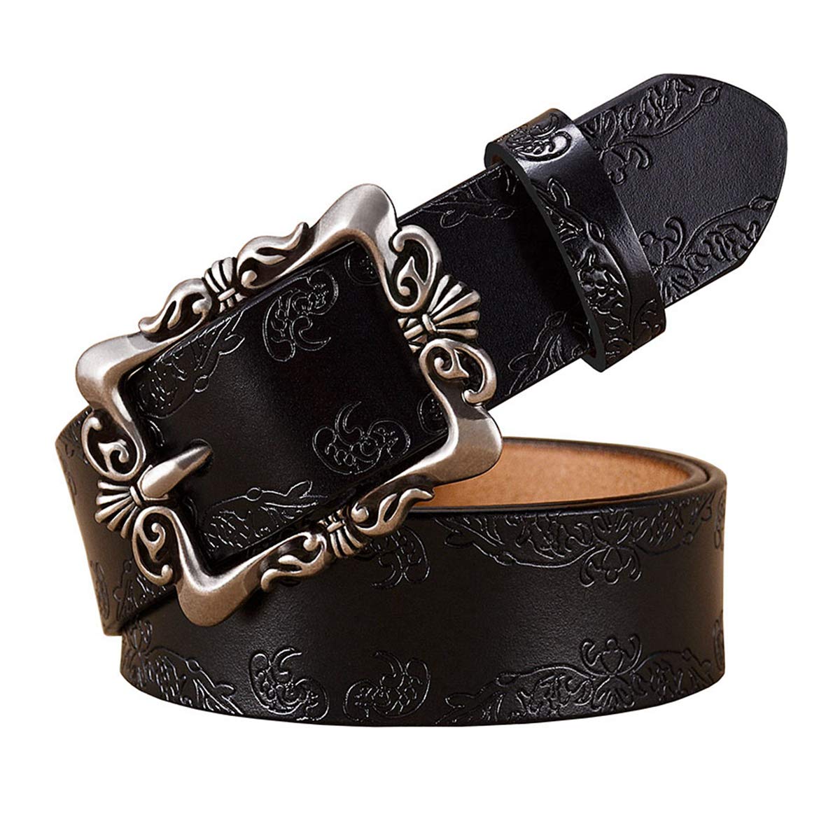 Moonbaby Women's Black Silver Buckle Vintage Pin Buckle Genuine Leather Belts For Floral Cow Skin Belt Wide For Jeans Width 3.2 Cm 90Cm