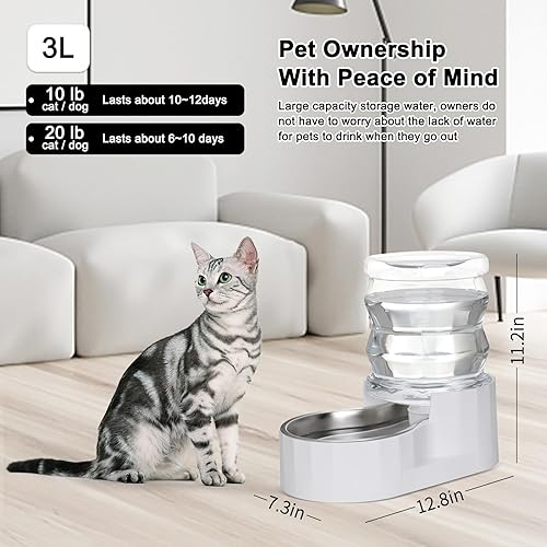 Miniatura 5 de RIZZARI Dispensador de cuenco de agua por gravedad para gatos: alimentador automático de acero inoxidable blanco para perros de 4 litros sin filtro