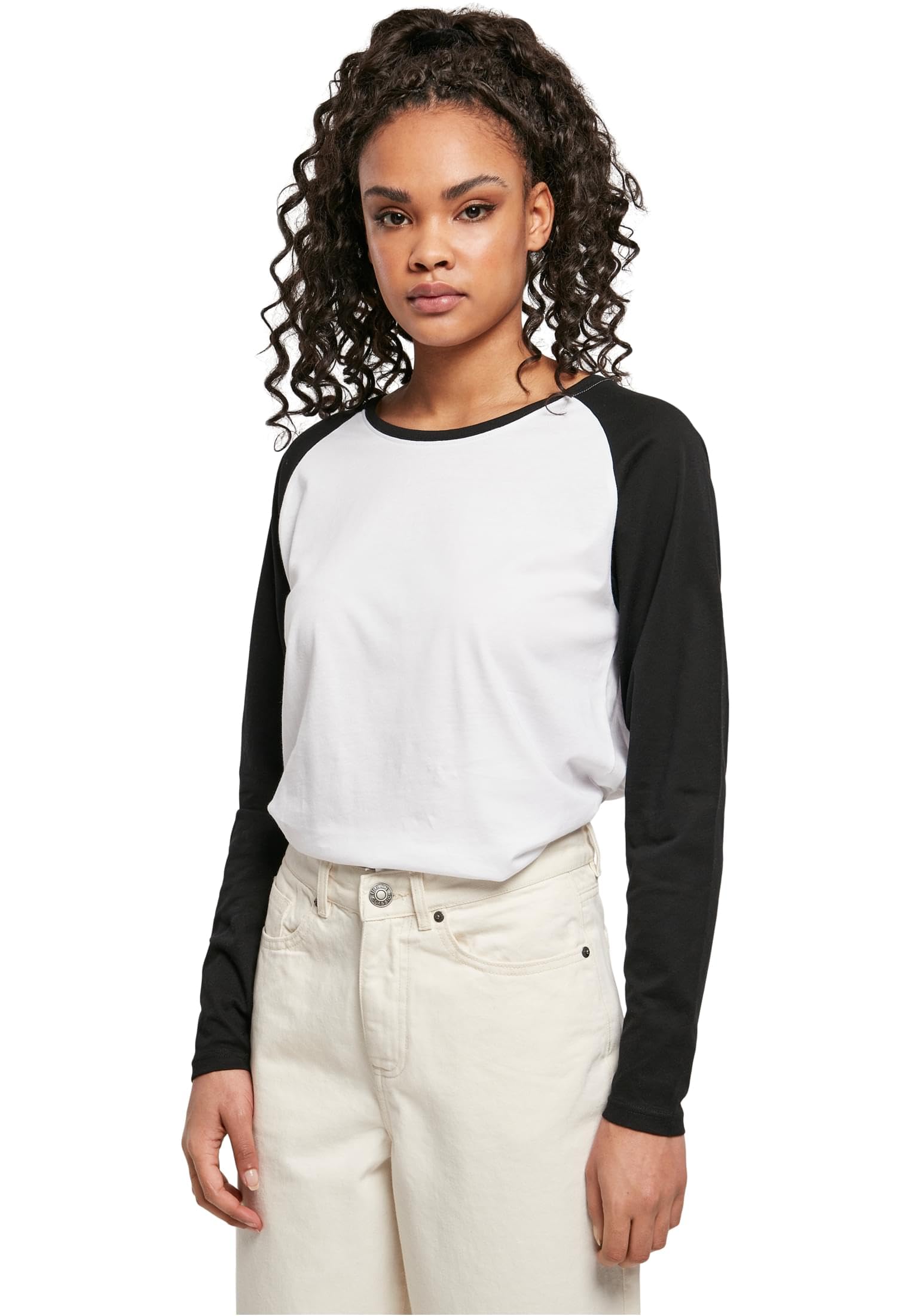 Urban Classics Women's White/Black Contrast Raglan Longsleeve T Shirt, Xl Uk