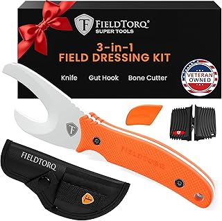 Field Dressing Kit | 3-in-1 Super Tool with Sheath & Sharpener | Skinning Knife for Hunting | Gut Hook | Deer Hunting Knife Set | FRN