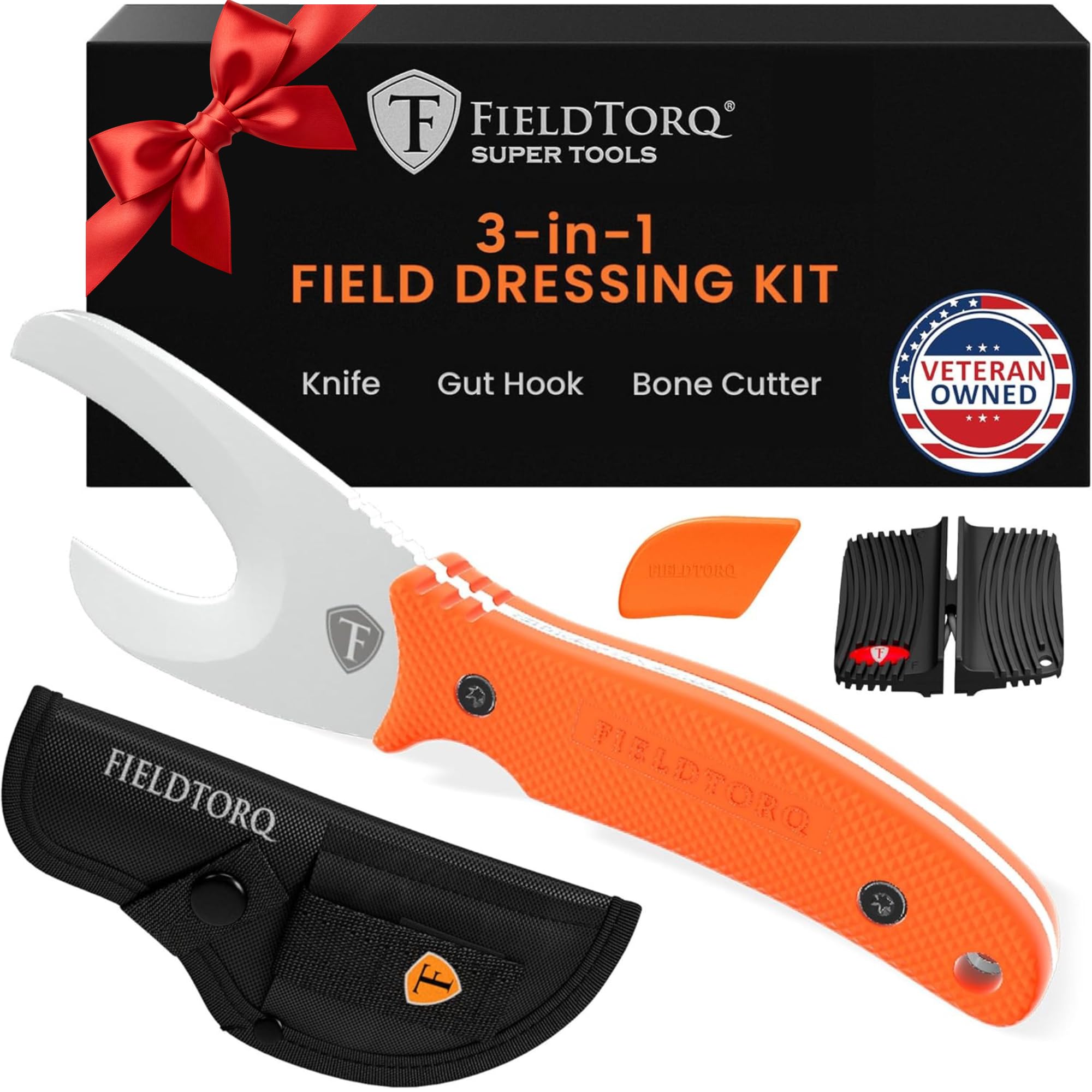 FieldTorq Field Dressing Kit | 3-in-1 Super Tool with Sheath & Sharpener | Skinning Knife for Hunting | Gut Hook | Deer Hunting Knife Set | FRN