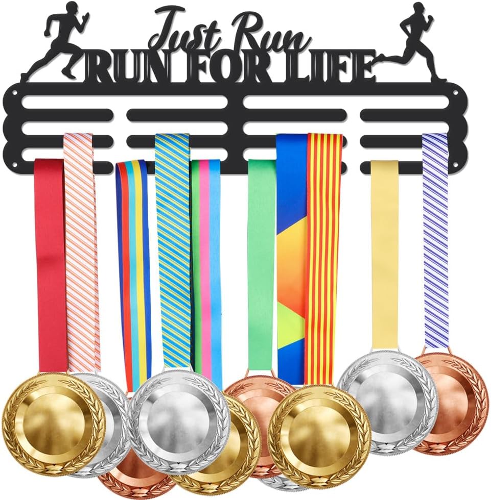 SUPERDANT Running Medal Holder Display Just Run Trophy Hanger Rack Motivational Text Sports Metal Wall Mount with No Hooks Hang Over 60 Medals Black Gifts for Kid