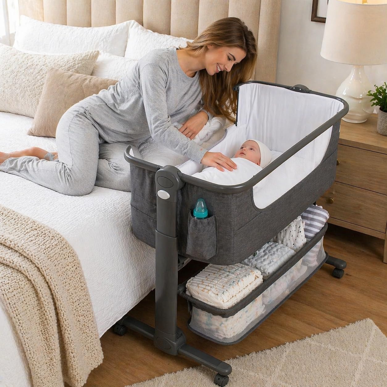 KoolerThings 4-in-1 Bedside Bassinet, Portable Crib with Storage for Newborns 0-8 Months