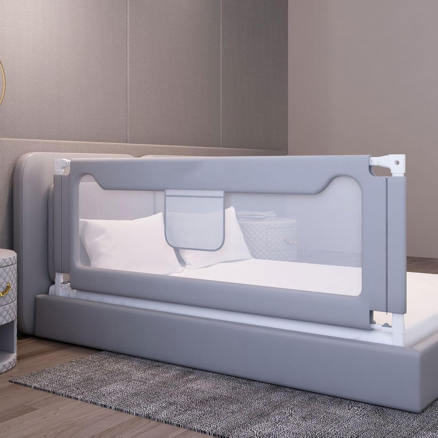Barandilla de seguridad abatible para cama infantil con construcción reforzada para protección contra caídas en cunas