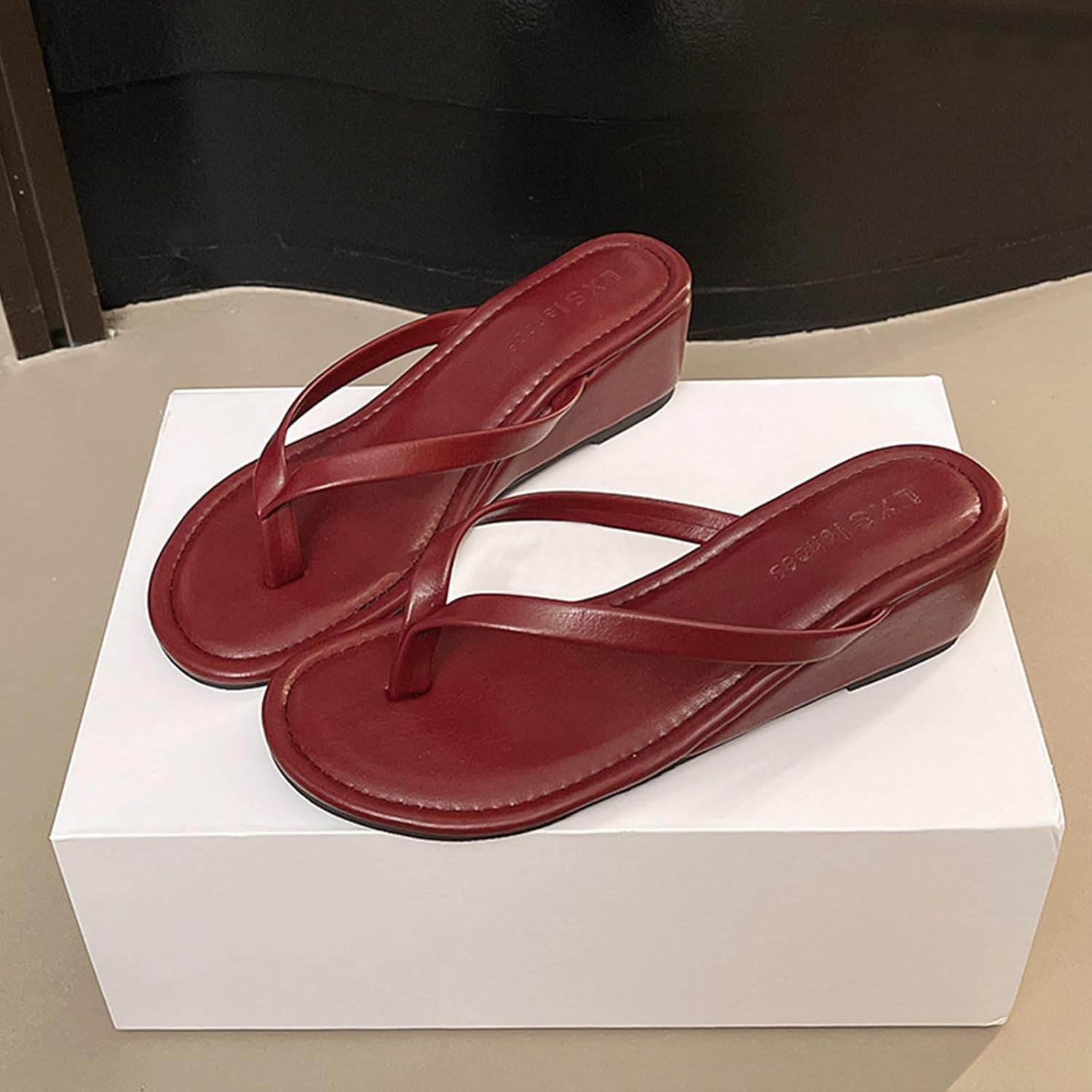 Women's Faux Leather Wedge Flip Flops with Arch Support Comfortable Round Open Toe Slip On Thong Slippers Casual Summer Sandals - Image 3