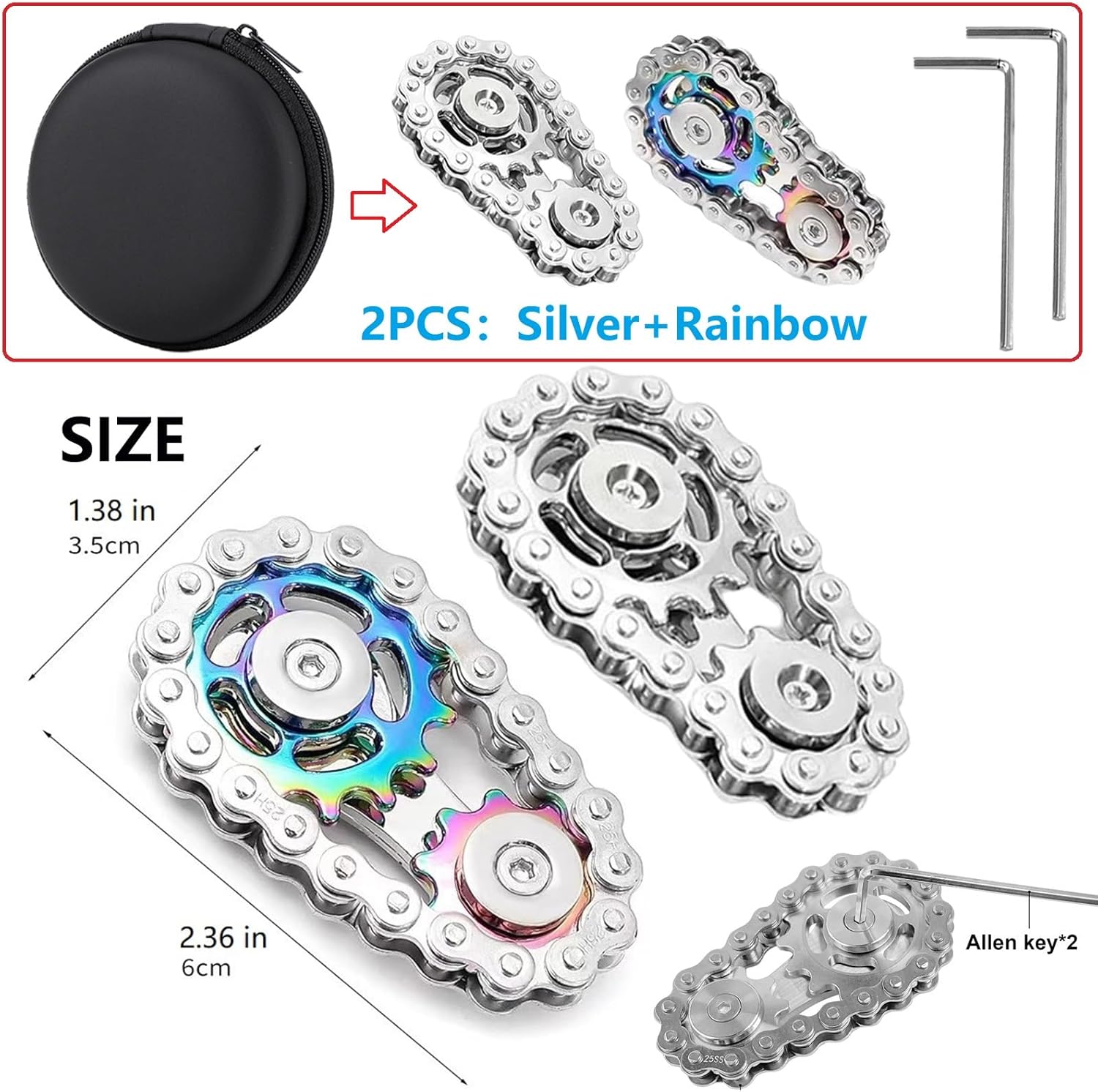 【2PCS】Fidget Spinners Toys for Adults & Teens - Metal Fidget Toy Bike Chain Fidget Sprocket Chain Fidgets Toy for Relief Anxiety ADHD Autism Cool Gadgets Desk Offices Gift Sensory Toy（Silver+Rainbow）