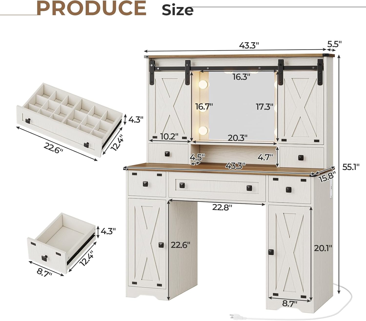 Hasuit Farmhouse Vanity Desk with Mirror and Lights, White Makeup Dressing Table with Charging Station, Rustic Vanity Mirror with Sliding Barn Door, Vanity Table with 3 Lighting Modes Adjustable
