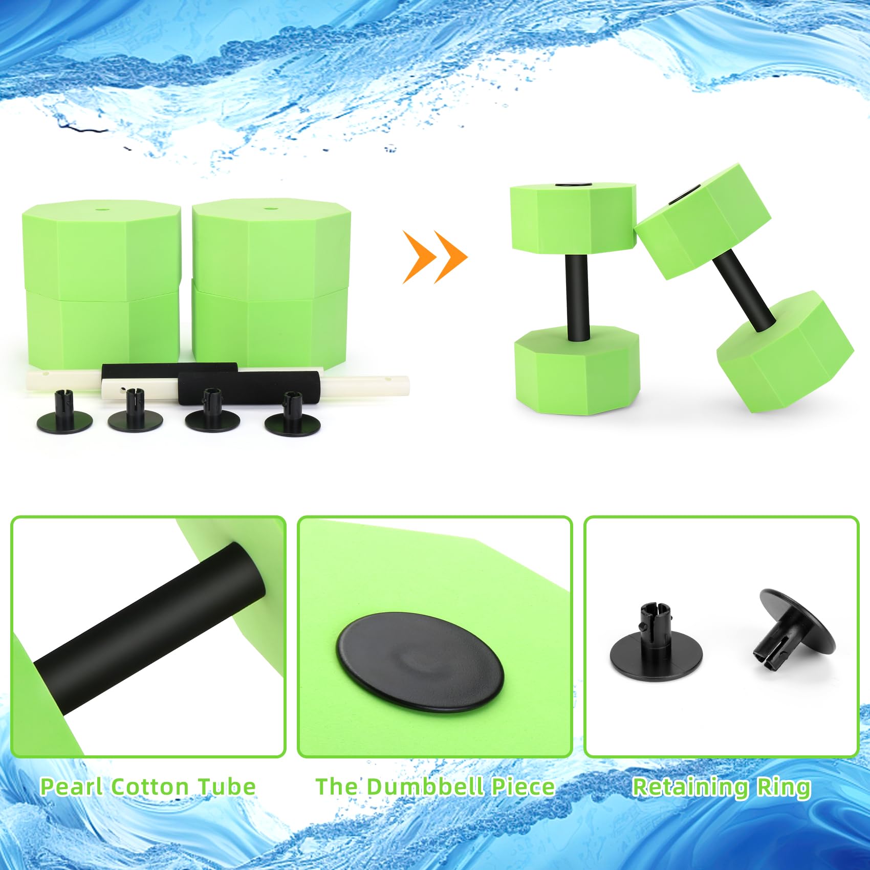 GFEU Set Of 2 Aquatic Exercise Dumbells, Foam Detachable Aqua Dumbells With Handles Water Barbells For Men Women Water Fitness (Blue - View #2