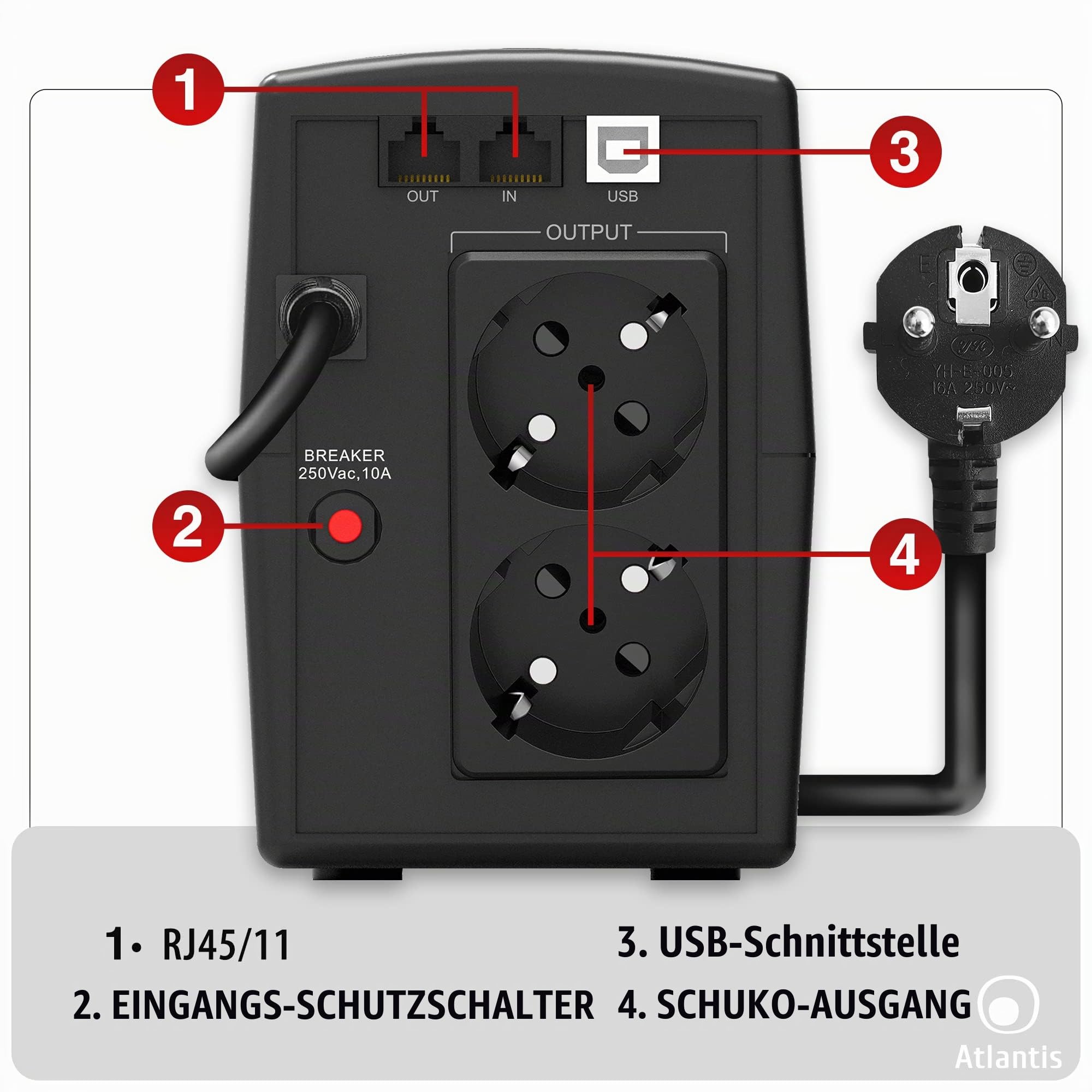 Atlantis A03-HP1003 Kontinuitätsgruppe Sinuswelle Pure 800VA 480W Line Interactive, LCD-Display, USB-HID-Anschluss, 2 Shuko Ausgänge + alim Kabel, 1 Akku 12V-9Ah, RJ45 Schutz, kostenlose Software