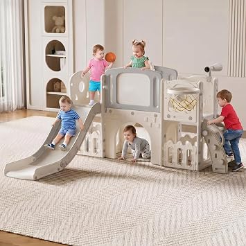 Magic ZC Toddler Slide Set, Kids Slide for Toddlers Age 1+, Kid Playground Play Set, Long Climber Slides with Basketball Hoop, Telescope, Storage Space XST-Grey White