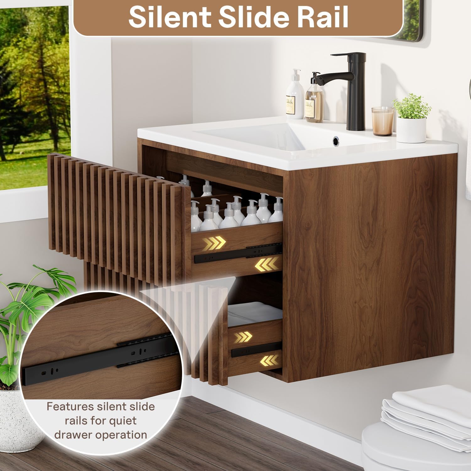 EROMMY 24 Inch Bathroom Vanity with Sink Combo, Floating Vanity with 2 Fluted Drawers, Silent Slides, Floating Wall Mounted Bathroom Cabinet Includes Hardware, Walnut