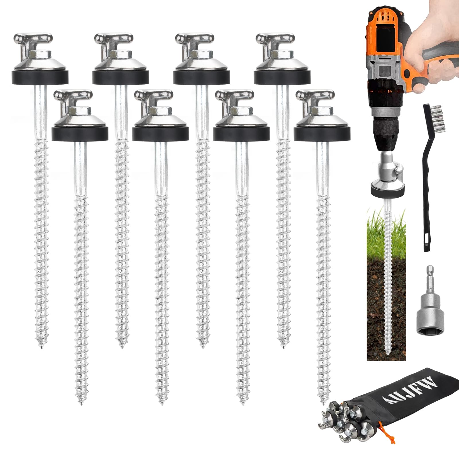 Zeltheringe mit langem Haken, 25,4 cm, mit Gewinde oben, robust, gehärteter Stahl, Bodenheringe für Grasland, Garten, Zelte, Vordächer, Markisen, Camping, Reisen (Hex-Werkzeug und Aufbewahrungstasche
