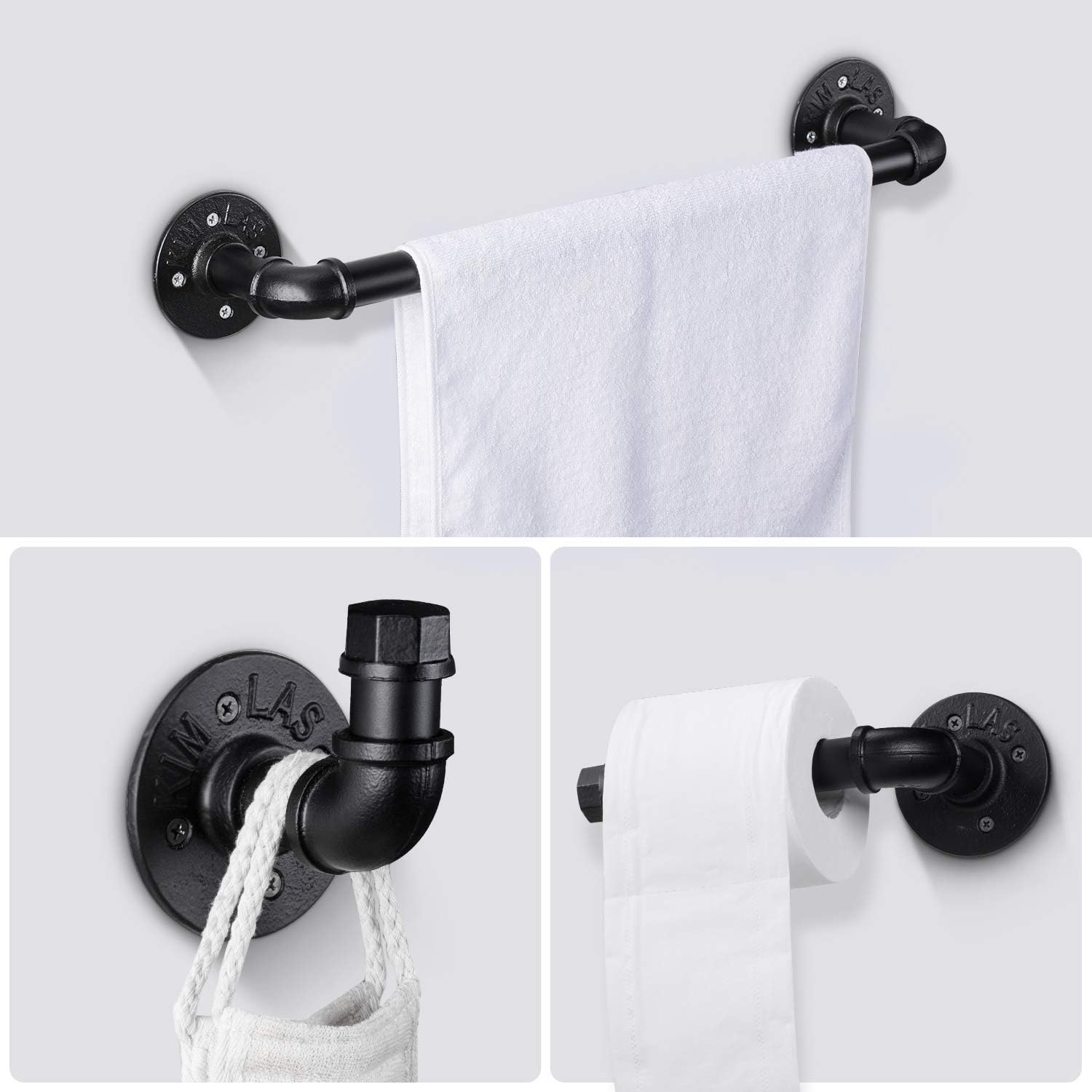 5 Pack Elibbren Industrial Pipe Bathroom Hardware Fixture Set Heavy Duty DIY Wall Mount Accessories Kit Includes Robe Hook, 18 Inch Towel Bar and Toilet Paper Holder