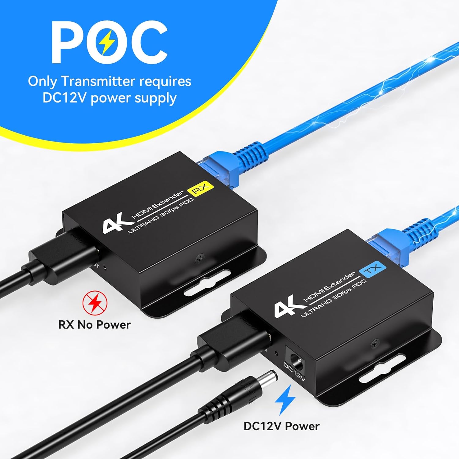 4K HDMI Extender Over CAT6/7 4K30Hz Upto 131ft/40m 1080P Upto 196ft/60m HDMI Balun Over Single Ethernet Support EDID and POC (Power Only Supplied to The TX End)