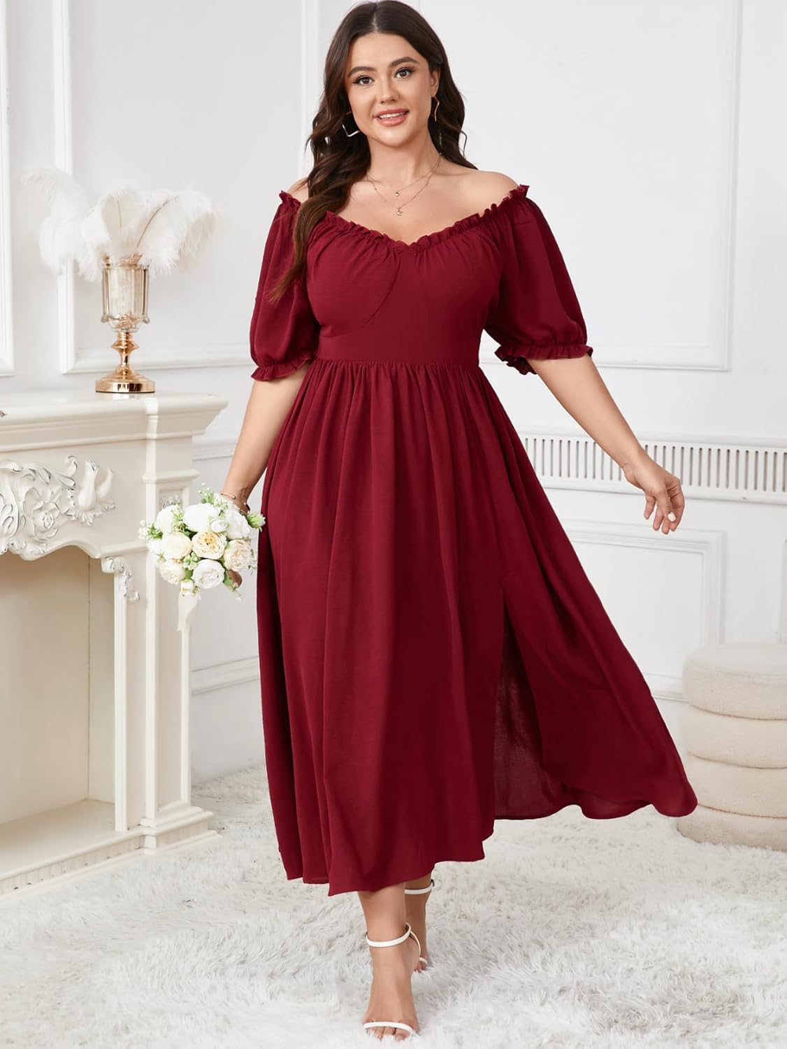 SCOMCHIC Women's Plus Size Wedding Guest Dresses Cocktail Formal Summer V Neck Puff Short Sleeve Slit A Line Maxi Dress - Image 4