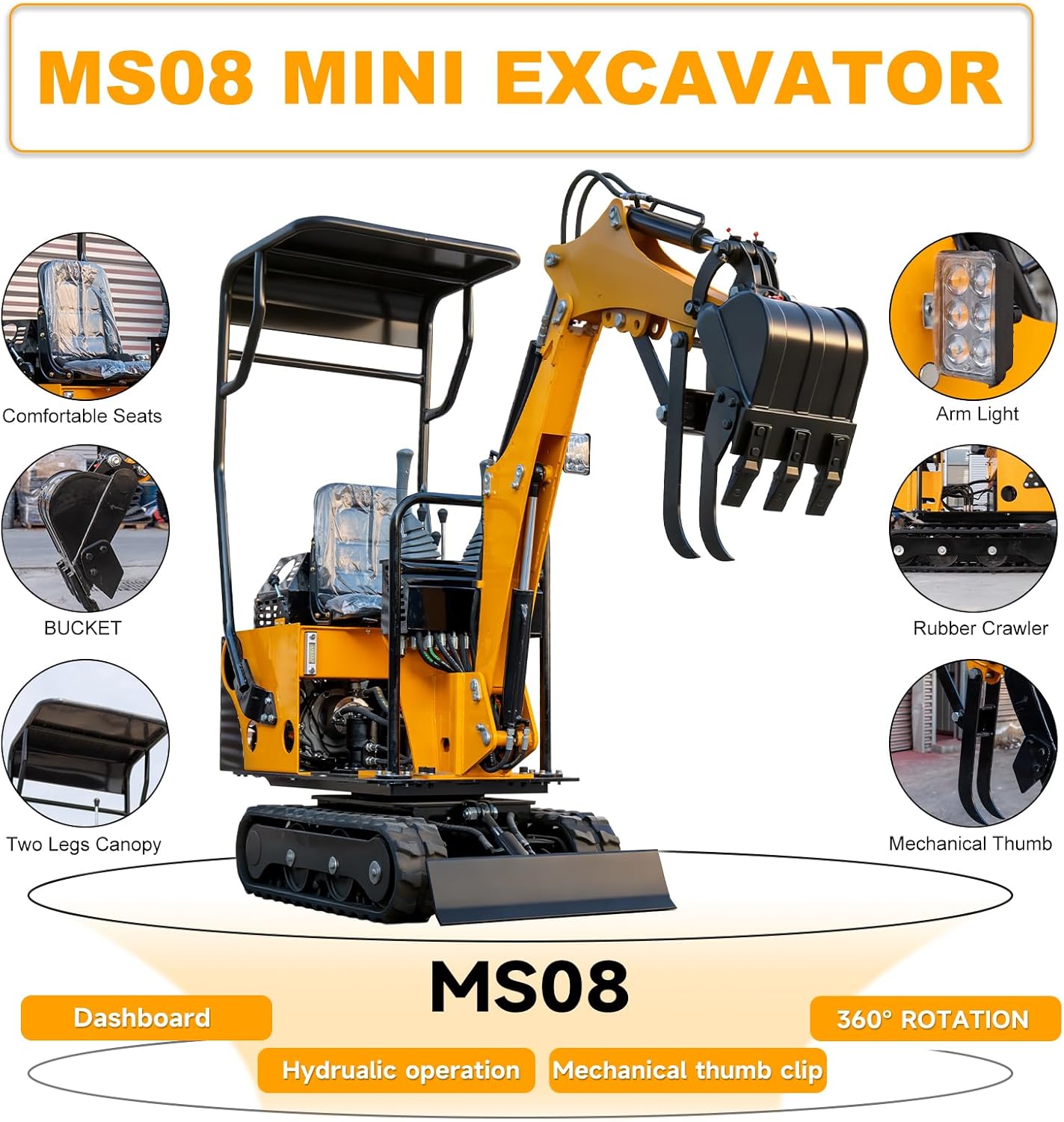 MMS 0.8 Ton Mini Excavator with 13.5HP Gasoline Engine, Bucket, Canopy, Mechanical Thumb Clamp, US Stock Compact Backhoe Digger Crawler Excavator for Trenches, Construction, Gardening Yellow
