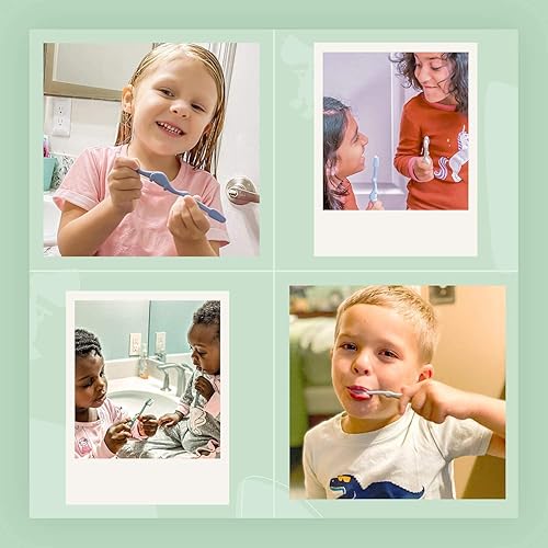 Miniatura 2 de ROARex Cepillo de dientes para niños totalmente natural, ecológico, hecho de plantas, dinosaurios de 4 a 118.1 ft, bebé a niño, azulverde, 4