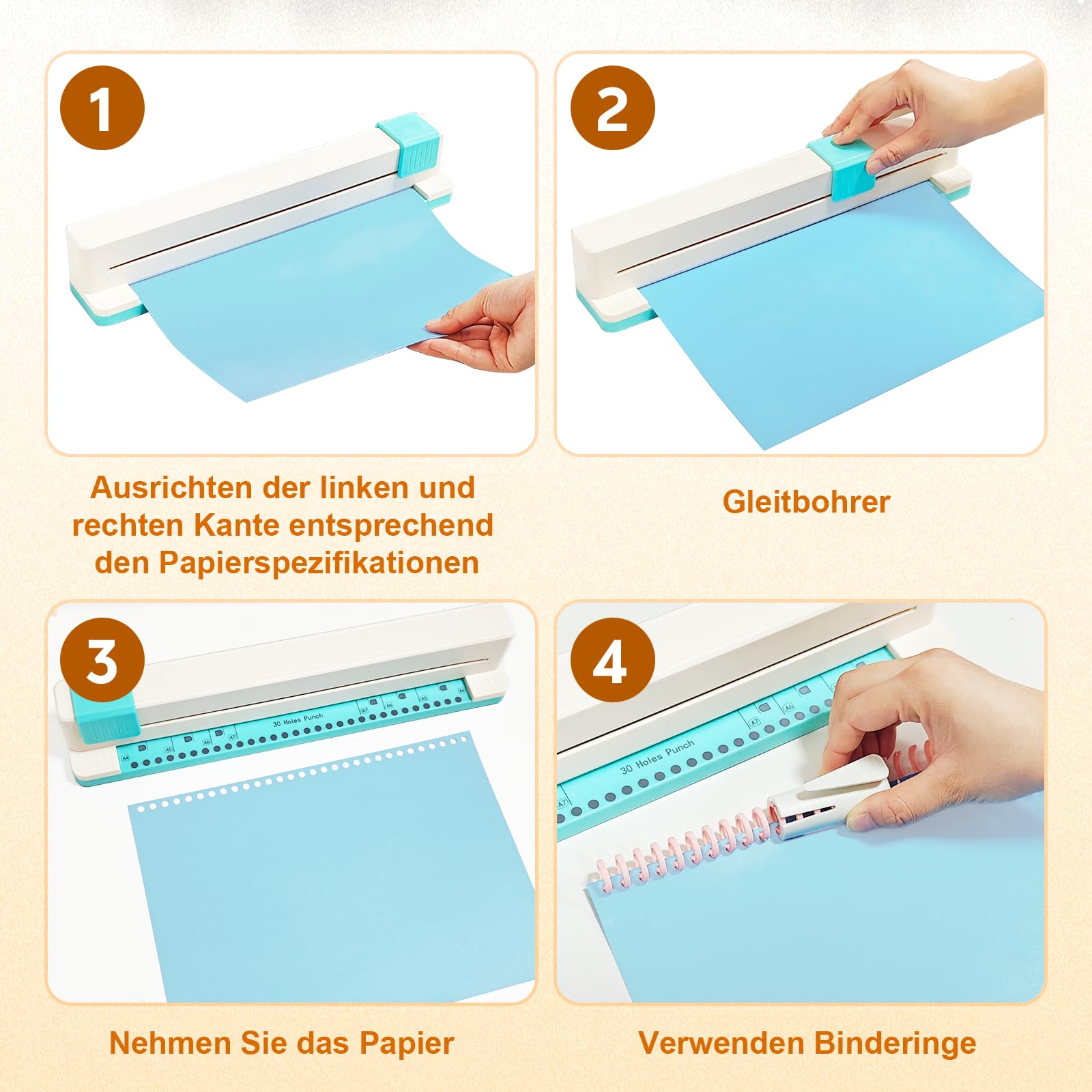 30 Loch Locher mit 30-Loch-Binderinge (5 Stück) and Ringöffner, kompatibel mit den Größen A4, A5, A6, A7 - für Notizbücher und Scrapbooking