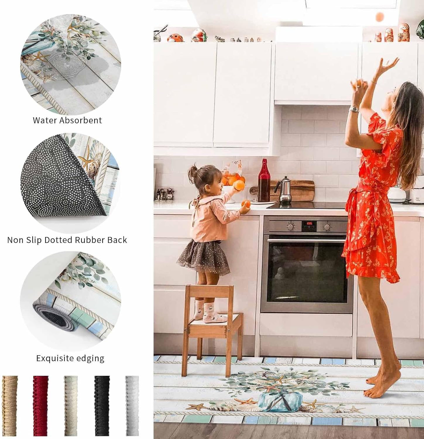 2 Pieces Kitchen Rugs and Mats,Ocean Starfish Conch Shell Eucalyptus Leaf Area Runner Rug Set Non Slip Floor Doormat Washable Carpet Standing Mat for Kitchen Sink Indoor Corridor,Vintage Rustic Wood