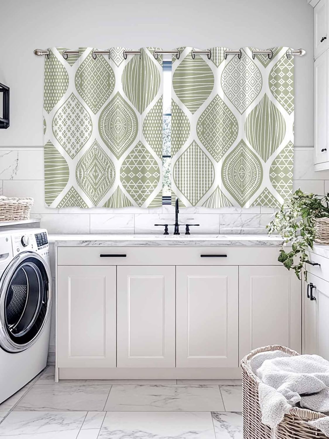 Grommet Top Window Curtains, Geometric Green Texture Durable Light Blocking Windows Drapes for Kitchen/Bedroom/Living Room, Window Treatments Curtain Set of 2 Panels 52x54 in