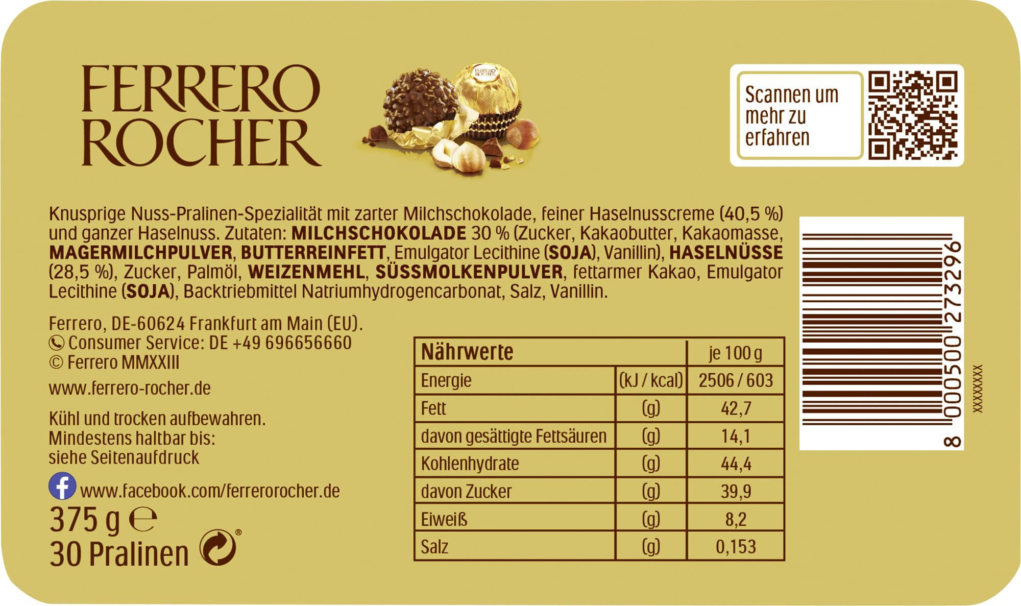 ROCHER Ferrero rocher chocolat aux noisettes - La boite de 30, 375g