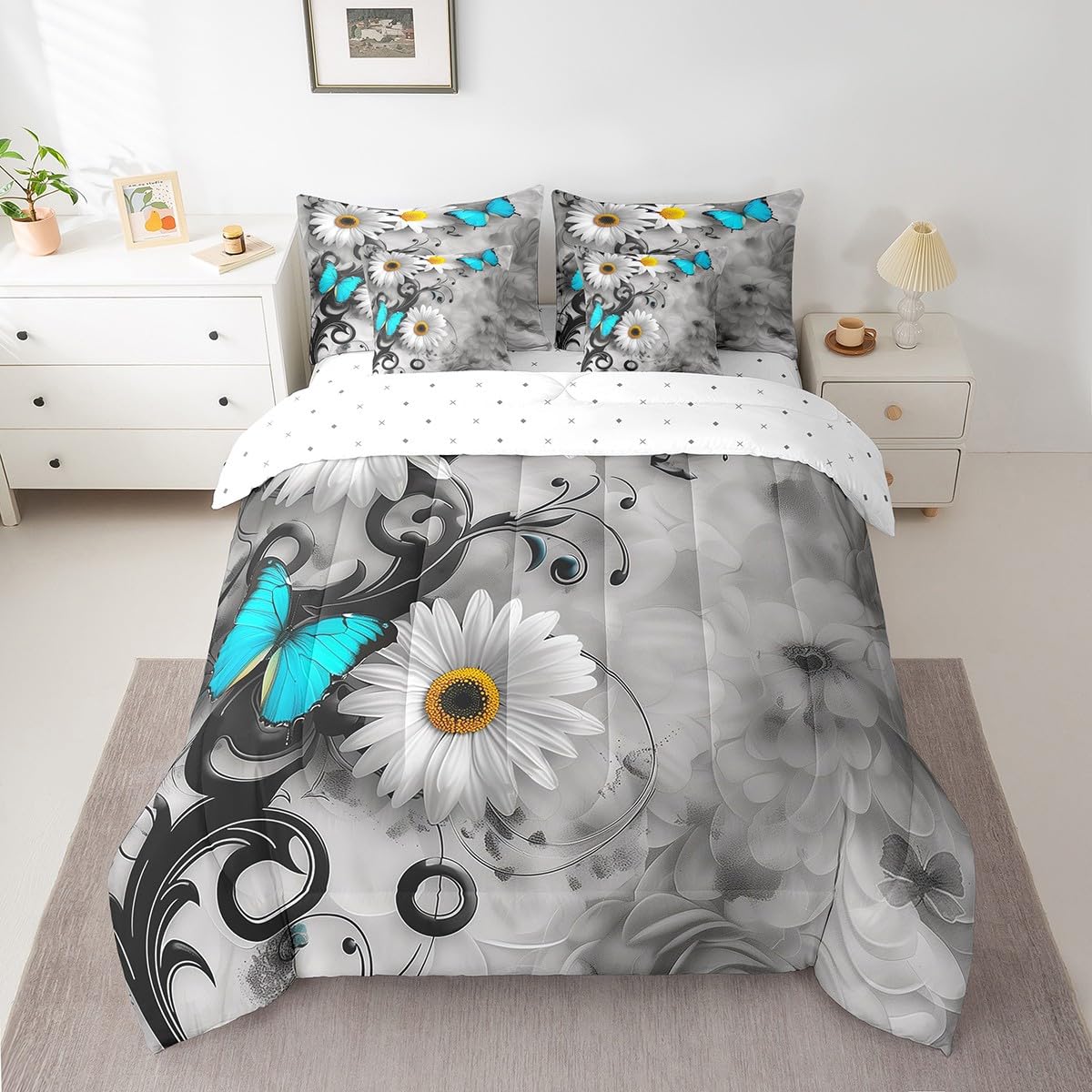 7 Piece Blue Butterfly Girls Bed in a Bag King, White Daisy Sheet Set for Women Boys Teens Flying Butterflies Rustic Garden Theme Bedding with Comforter, Modern Rural Simple Style Cushion Covers