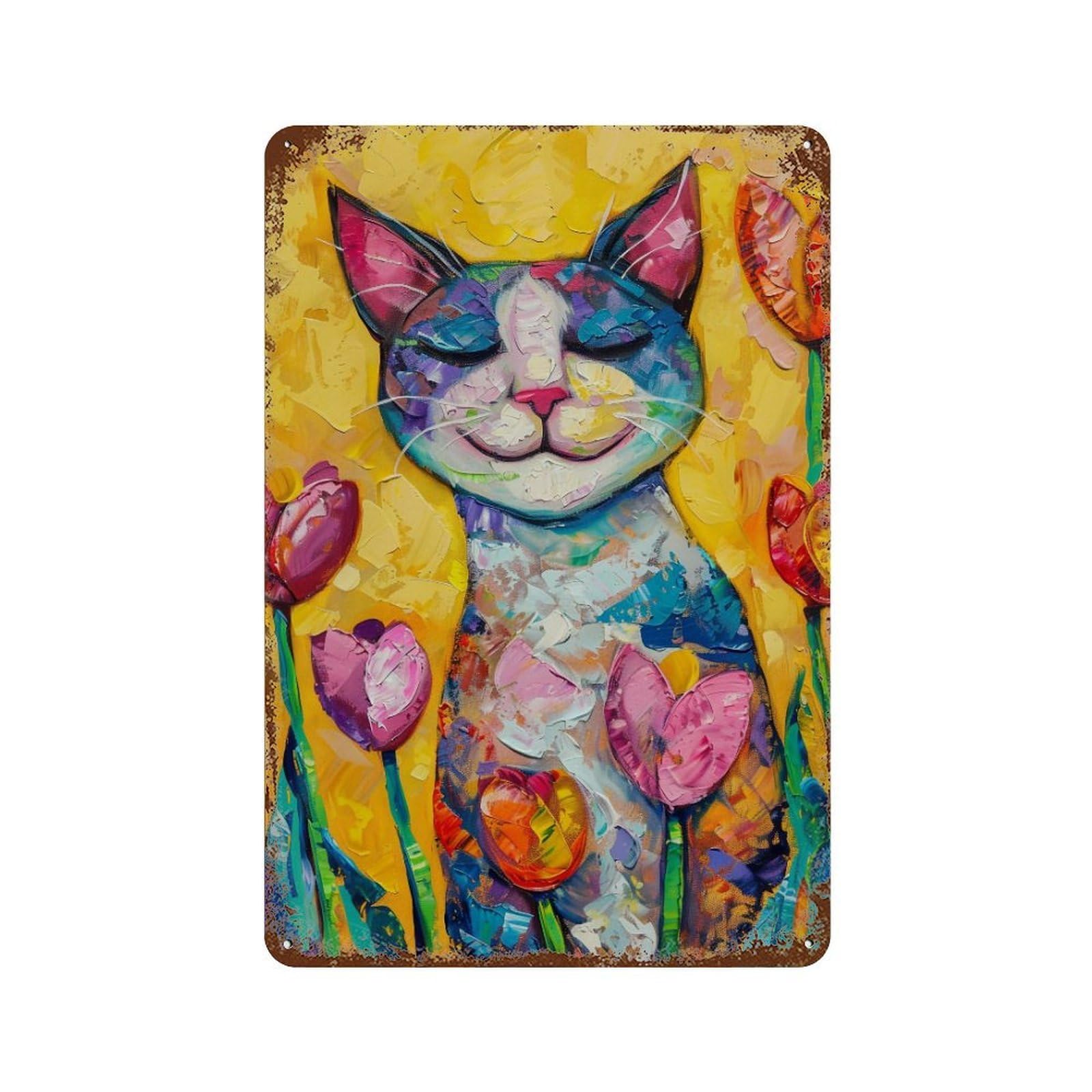 YHGERTKU Happy Cat in Tulip Garden 01 Wall Art Retro Iron Vintage Metal Tin Sign Poster Modern Decor for Living Rooms Gift 30x20cm