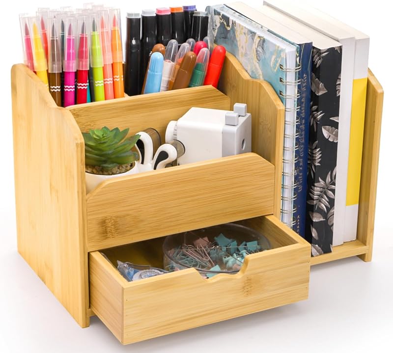 ZAVOOS Bamboo Desk Organizer with Drawer Pen Holder, 5 Compartments | Multi Use Tabletop Storage Office Supplies, Heavy Duty Desk Accessories for Home Office Organization, No Assembly Required