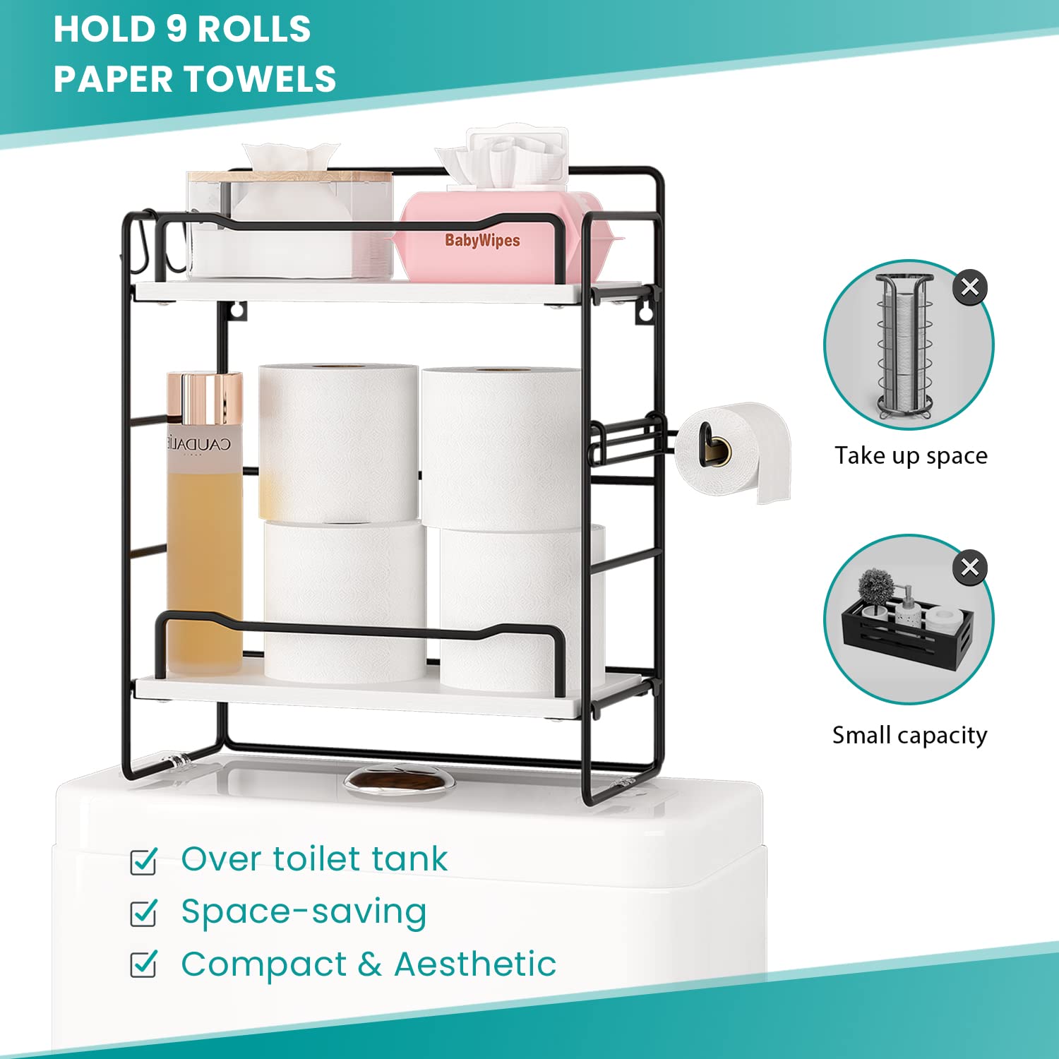 EZFurni 9 Rolls Bathroom Toilet Paper Storage, Wood Bathroom Toilet Shelf Organizer, Cute Toilet Paper Basket, 2 Tier Toilet Tank Tray, Multiuse Over The Toilet Rack for Above Toilet Storage,White