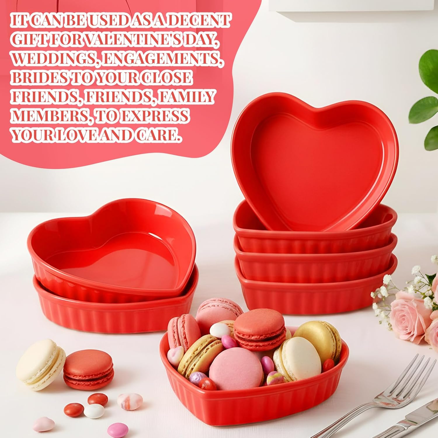Reallnaive 8 Pcs Heart Shaped Ramekin Creme Brulee Ramekins Oven Safe 5.91 x 5.91 x 1.57 Inch Heart Shaped Bowl Small Baking Ceramic Ramekins Dishes for Souffle Snacks Quiche Appetizers Sauces(Red)