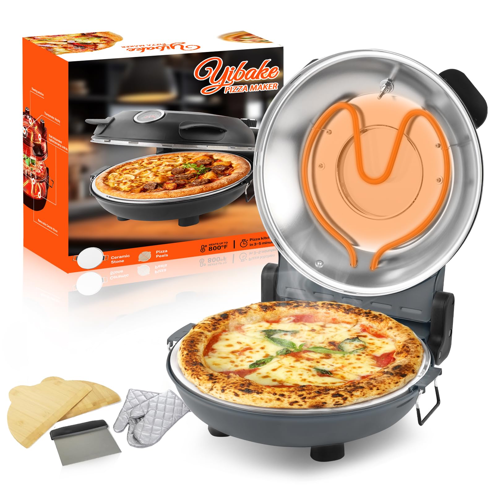 12" Electric Pizza Oven - Countertop Pizza Maker with Ceramic Stone, Heats up to 800°F, Portable Indoor Pizza Oven for Homemade Pizzas, Grey