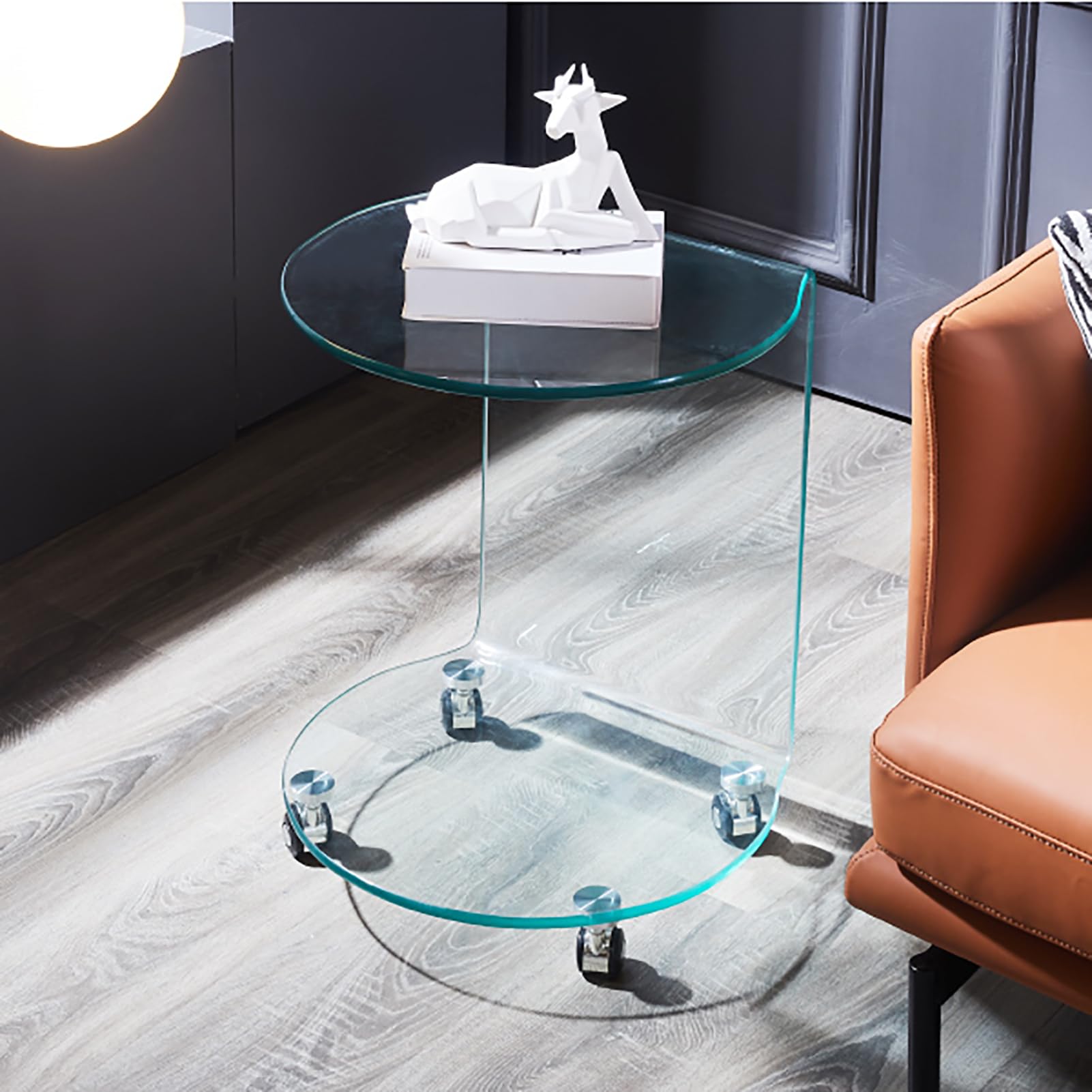 Mesa auxiliar con ruedas en forma de C, moderna mesa auxiliar de 2 niveles con estantes de almacenamiento, mesa de centro de vidrio templado transparente para sala de estar y dormitorio