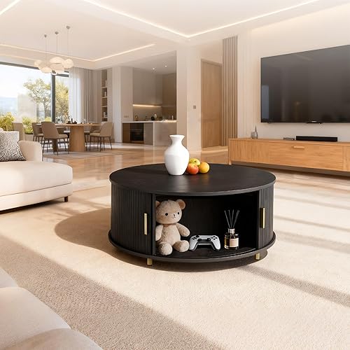 Miniatura 5 de Mesa de centro redonda, mesa de centro moderna de 31.5 pulgadas con puerta corrediza de tambor, mesa de centro acanalada con almacenamiento, mesa