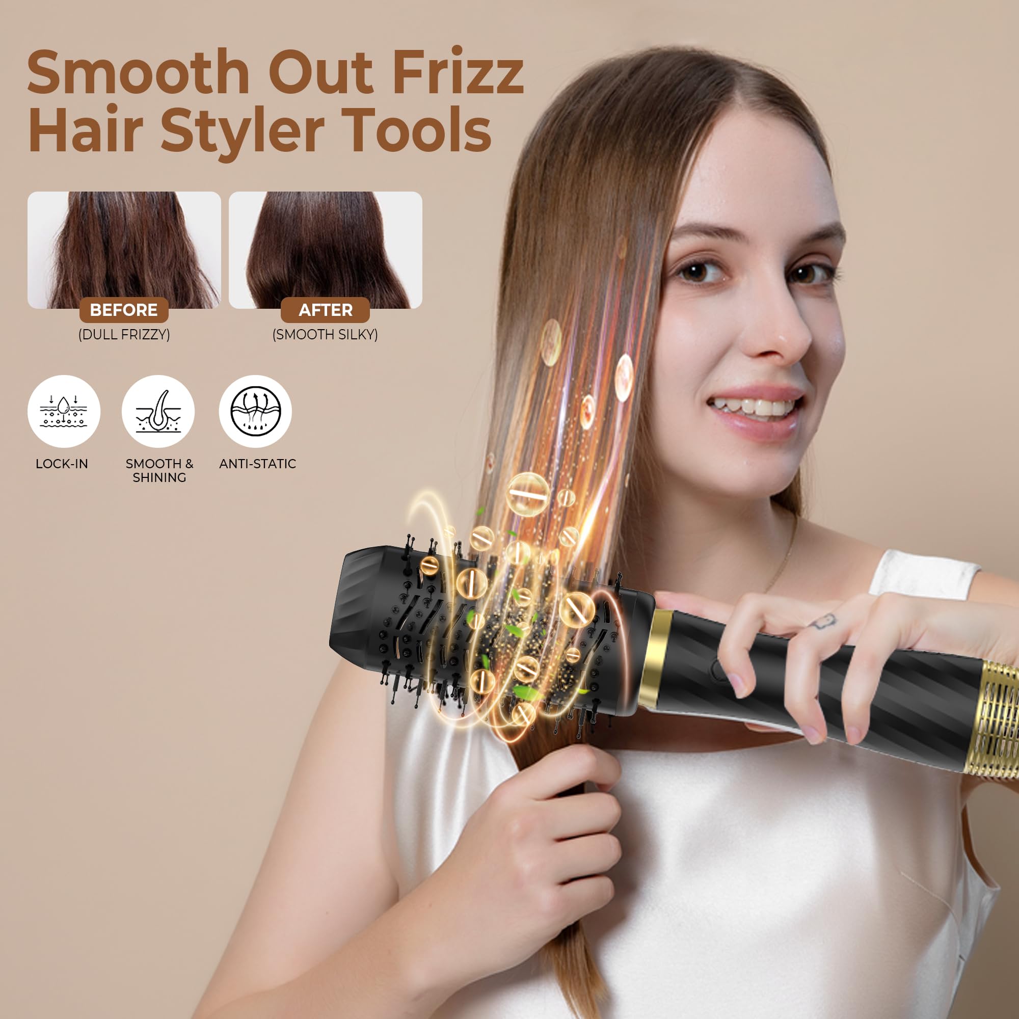 Secador de Pelo Profesional - 6 en 1 Cepillo de Aire Caliente con Rizador Automático, Thermal Brush, Secado Rápido, Moldeador Pelo Voluminizador para Rizador Alisar Volumen (Negro)