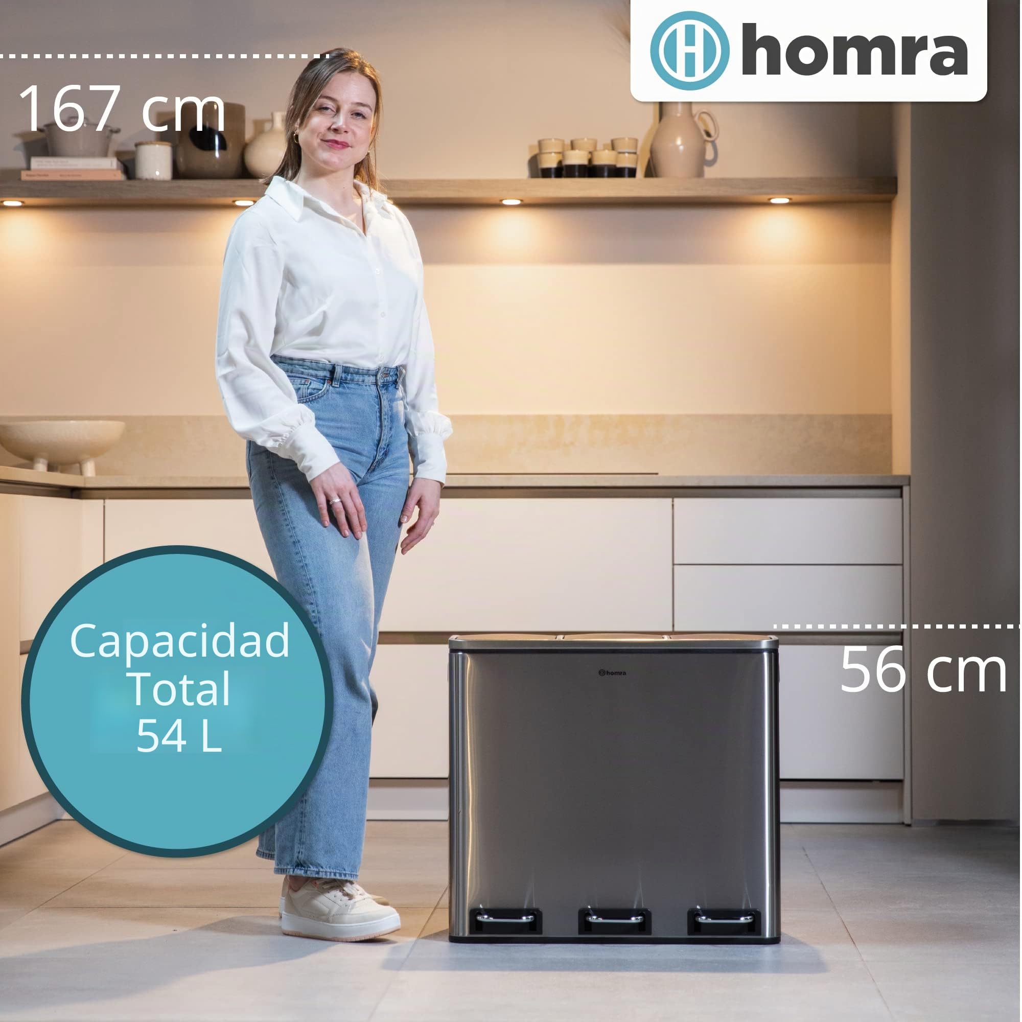 Homra Sparq - Papelera de reciclaje con 3 compartimentos, 54 L (3 x 18 litros) - Cubo triple grande - Cubo de basura con diseño de acero inoxidable