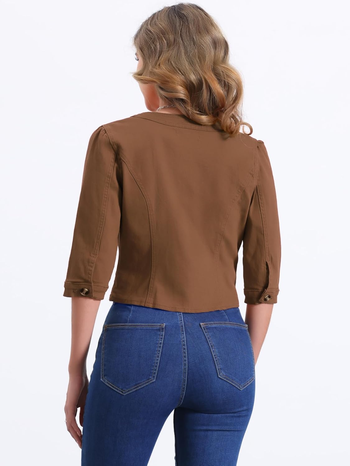 Allegra K Denim Jacket for Women's Collarless 2025 Cardigan 3/4 Sleeve Crop Jean Jackets - Image 2