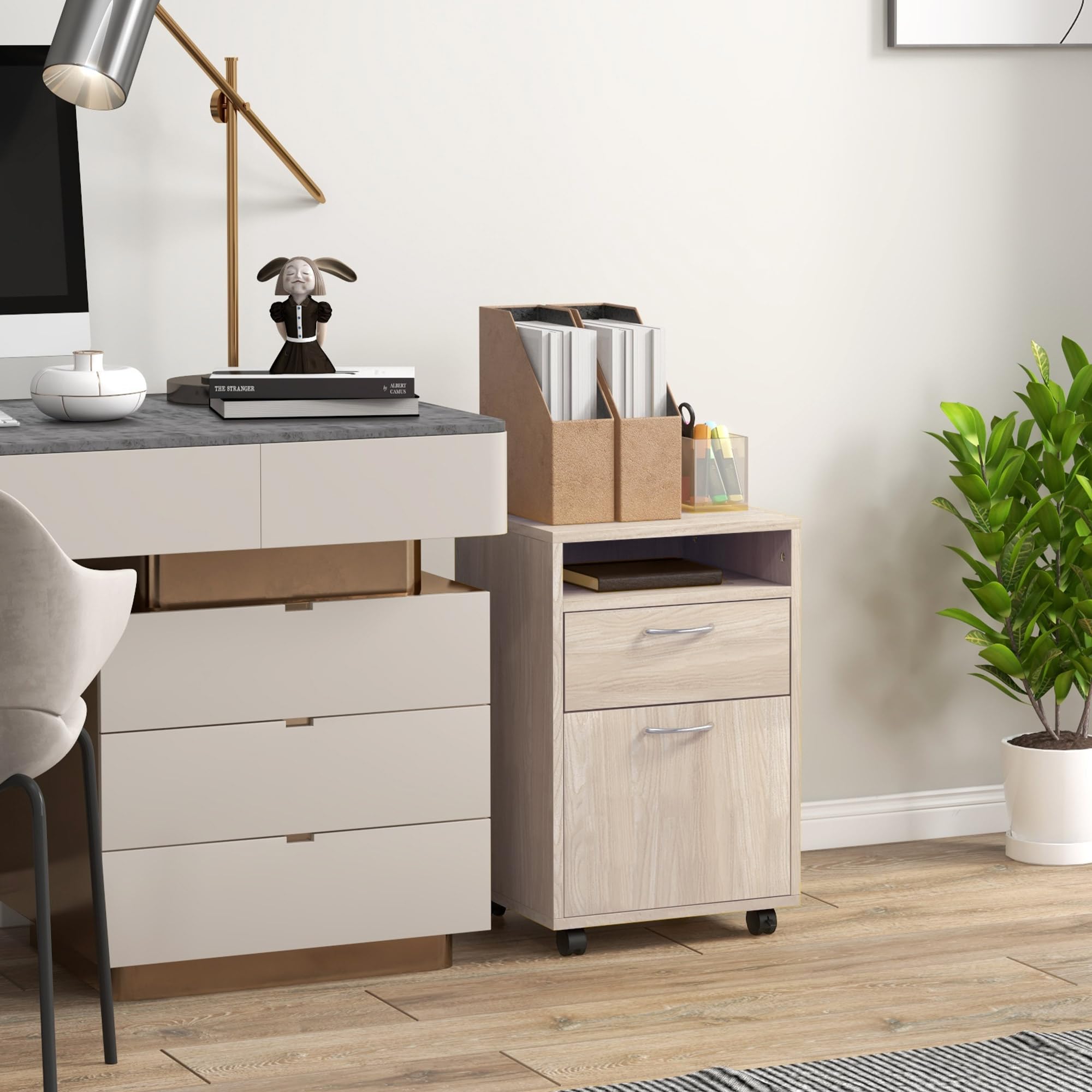 HOMCOM Caisson de Bureau Rangement Bureau sur roulettes Chêne | Tiroir, Placard, Niche, Panneaux Particules